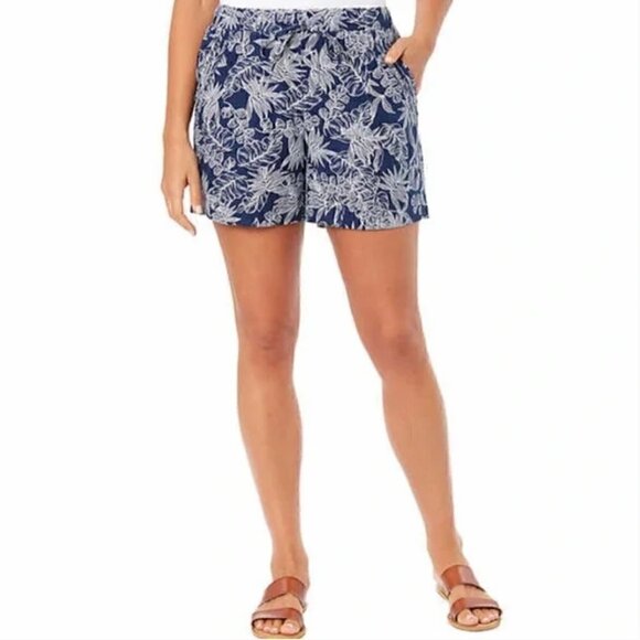 Briggs Women’s Linen Blend Floral Shorts Pockets Navy Blue Tropical Print - Picture 1 of 11